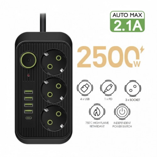 Сетевой фильтр питания UA Power Socket F09U на 185 см 3 розетки +4USB +Type-C Port , сетевой удлинитель