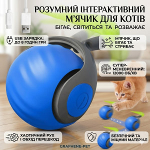 Інтерактивний м'ячик для кота з підсвіткою, від USB, 5,5 см, Синій/ Розумний м'ячик для котів/Смарт іграшка для кішок