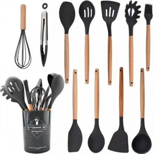 УЦЕНКА! Набор принадлежностей для кухни 12 предметов Kitchen Set, RD-1204 Кухонный набор Черный (Повреждение подставки 3461)