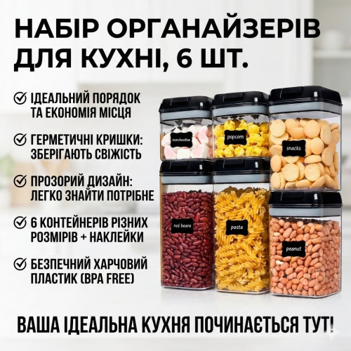 Набор контейнеров для хранения сыпучих продуктов Food Storage Container, 6 шт., герметичные пластиковые ёмкости с крышками