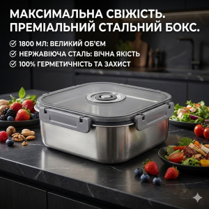 Контейнер пищевой из нержавеющей стали с герметичной крышкой 1800 мл 20687-14, серый, квадратный