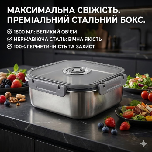 Контейнер пищевой из нержавеющей стали с герметичной крышкой 1800 мл 20687-14, серый, квадратный