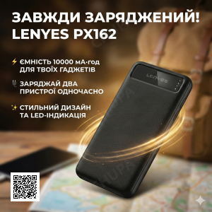 Внешний аккумулятор Power bank 10000 mAh Lenyes PX162 компактный универсальный на 2 входа Черный