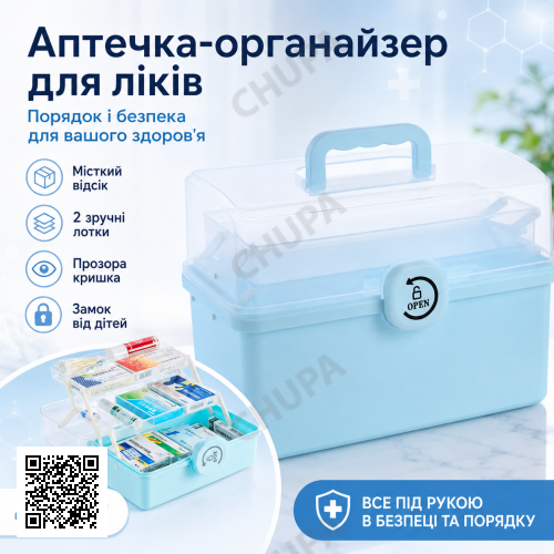 Аптечка органайзер для ліків, 37х23х26 см, Блакитний/ Органайзер для зберігання ліків/контейнер для ліків