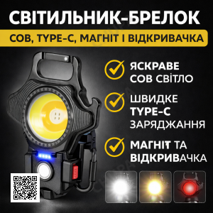Універсальний кемпінговий світильник-брелок W5133 COB з Type-C зарядкою, магнітом, карабіном і вбудованою відкривачкою