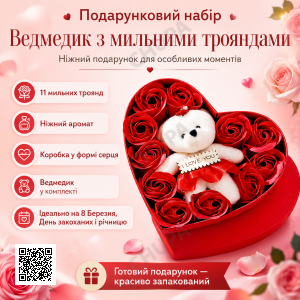 Подарунковий набір "Ведмедик з мильними трояндами" у формі серця, Червоний / Подарунок дівчині