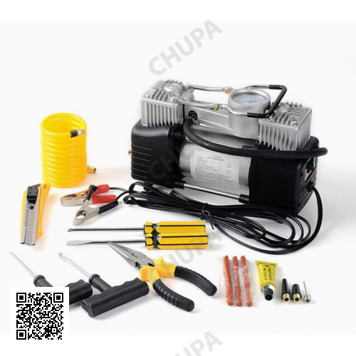 Компресор повітряний 12 V, 90 л/хв портативний із комплектом для ремонту шин та інструментами