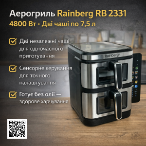 Аерогриль Rainberg RB 2331 4800W з двома чашами 7,5+7,5 л сенсорне керування