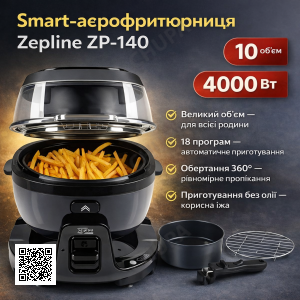 Smart-аэрогриль Zepline ZP-140, аэрофритюр 10 л, 4000 Вт, 18 программ, сенсорное управление, черный Серый