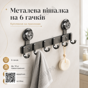 Вешалка на двери на присосках, 6 крючков, 38х12,5 см, Серая / Крючки с присосками / Вешалка с крючками