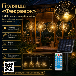 Садовая гирлянда на солнечной батарее Фейерверк + пульт, 4 пучка, Теплый белый / Уличная гирлянда для сада
