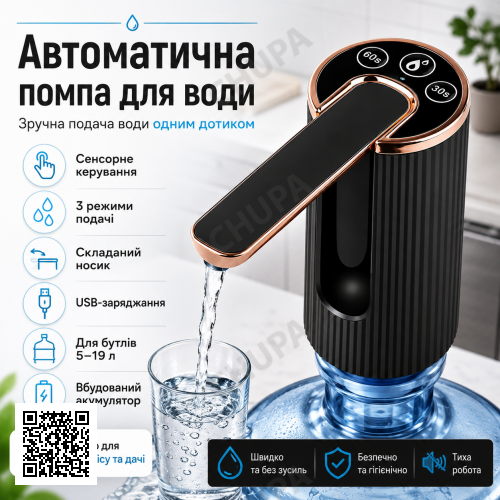 Автоматична помпа для води LY-1225, USB, Чорний / Диспенсер для води / Електропомпа сенсорна / Дозатор на бутлі