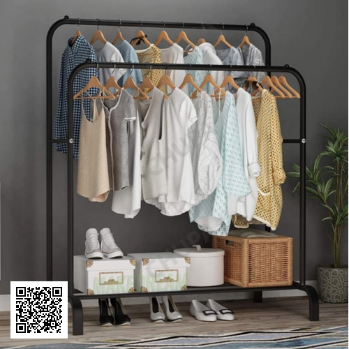 Подвійна стійка вішалка для одягу та взуття Loft Rack підлогова сталева з полицею Black