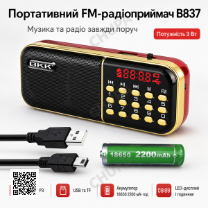 Портативний радіоприймач MP3/FM з USB, B837 / Міні-радіо з живленням від акумулятора