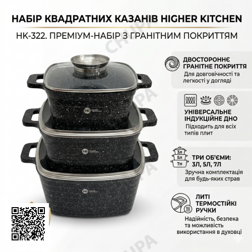 Набір квадратних каструль ЧЕРНЫЕ із гранітним покриттям Higher Kitchen HK 322 на 6 предметів із кришками
