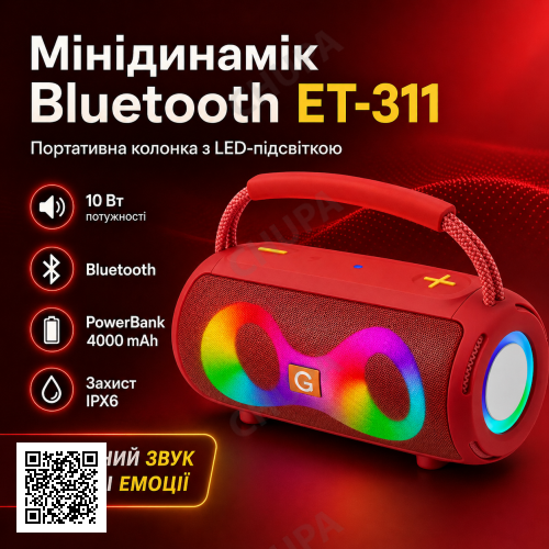 Минидинамик Bluetooth LED ET-311 с подсветкой, портативная беспроводная колонка