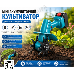 Культиватор міні акумуляторний синій для саду та грядок з подвійними фрезами, захисним кожухом і блокуванням безпеки