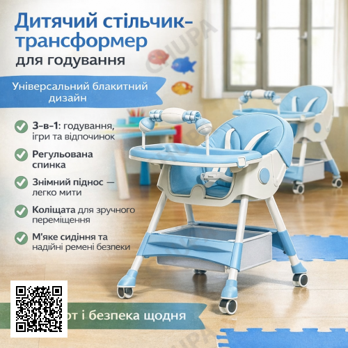 Дитячий стільчик-трансформер F005 для годування, ігровий і обідній, 3-в-1, блакитний