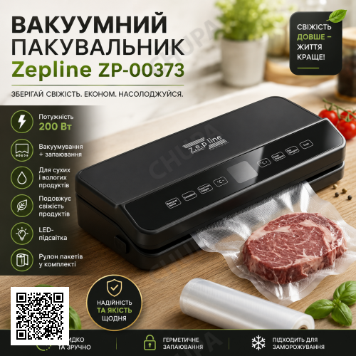 Вакуумний пакувальник для продуктів 200 Вт з LED-підсвіткою і рулоном пакетів, Zepline ZP-00373/ Кухонний вакууматор для м'яса