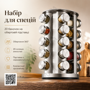 Набор для специй и приправ 20 баночек (34х18см), Серебристый / Поворотный органайзер для специй / Баночки для приправ