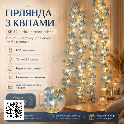 Гірлянда Квітка USB AND SF-52 блакитні квітки, тепле світло