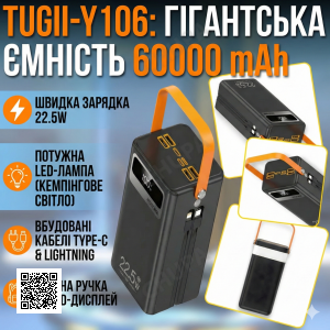Повербанк-Гигант 60000mAh "Полная Автономность" TUGII-Y106 + Мощный LED-Прожектор (22.5 Вт)