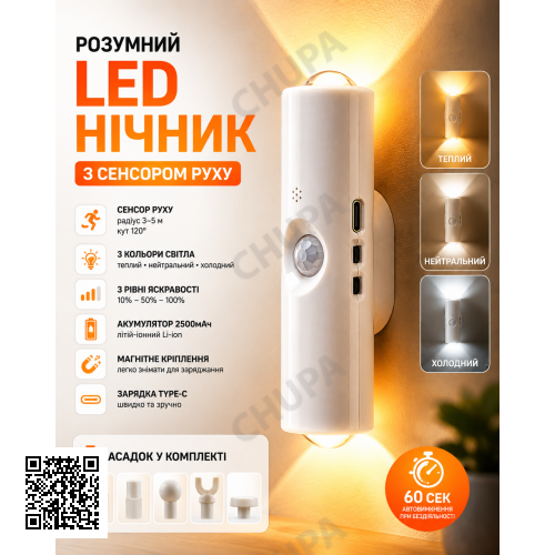 Настінна LED-лампа NS-02 • Декоративний RGB-світильник NS-02 з датчиком руху для інтер’єрного підсвічування