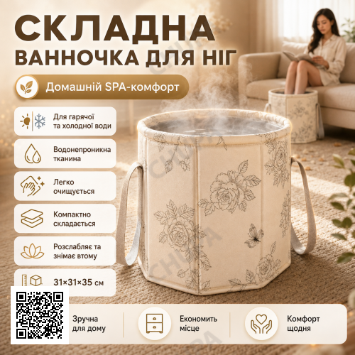 Ванночка для ног складная с ручкой, Бежевая / Высокая сумка для распаривания ног / Сложное ведро для педикюра / Глубокая спа-ванно