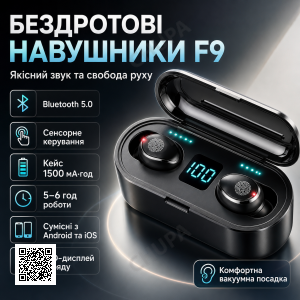 Бездротові Bluetooth навушники F9-5, Чорні / Сенсорні навушники із зарядним кейсом / Вакуумні блютуз навушники