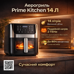 Аэрогриль Prime Kitchen AF1012DT, 14 л, с двойными нагревательными элементами (2 ТЭНы), сенсорное управление, окно обзора, 80–200