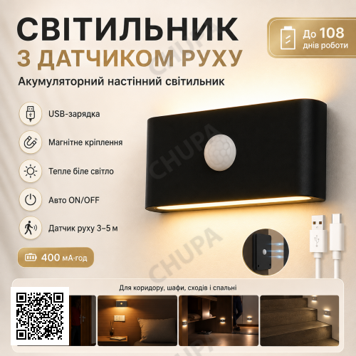 Настенный светильник с датчиком движения, от USB (9,8х5,5см) Черный / Аккумуляторный светильник на стену
