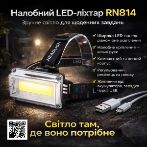 Фонарь налобный RN814, USB-зарядка / Аккумуляторный фонарик на голову с регулируемым углом наклона