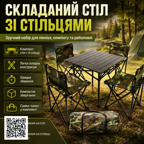 Складаний стіл для пікніка 53х53х50см + 4 стільці, Камуфляж / Стіл і стільці для пікніка / Туристичний столик розкладний