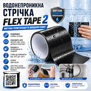 Водонепроникна ізоляційна стрічка 200×10 см, Flex Tape 2, Чорний/ Універсальний ремонтний скотч/Клейка стрічка надміцна