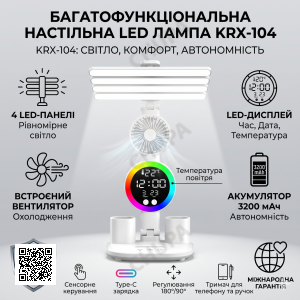 Настольная LED лампа с 4 панелями, вентилятором и дисплеем KRX-104