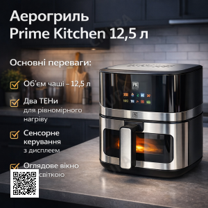Аэрогриль Prime Kitchen AF90122DTW, 12,5 л, 2 ТЭНа, сенсорное управление