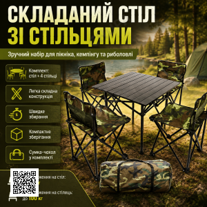 Складаний стіл для пікніка 53х53х50см + 4 стільці, Камуфляж / Стіл і стільці для пікніка / Туристичний столик розкладний
