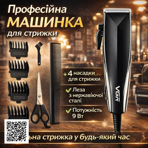 Профессиональная машинка для стрижки волос + 4 насадки, VGR V-033 / Мужской триммер