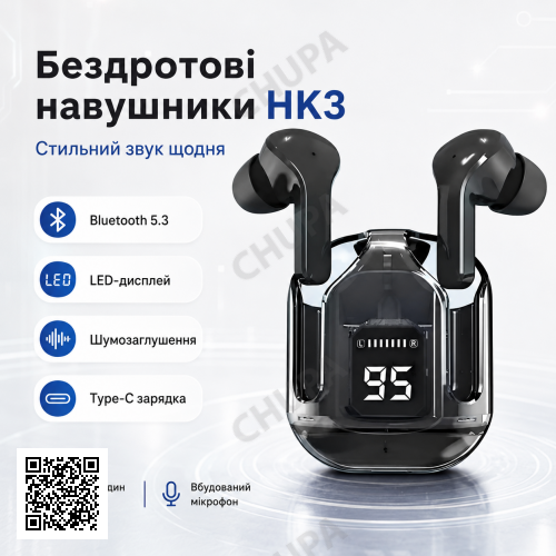 Бездротові Bluetooth-навушники HK3 TWS вакуумні з LED-дисплеєм, шумозаглушенням, мікрофоном, ігровим режимом і зарядним