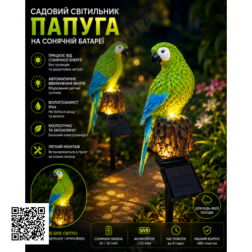 Садовий світильник GS7199 папуга на сонячній батареї • Вуличний газонний LED-ліхтар для саду, клумби, доріжок, дачі .