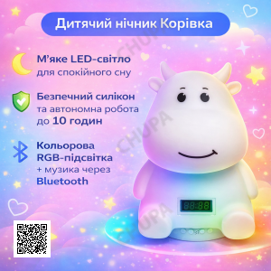 Дитячий акумуляторний нічник "Коровка" з м'яким LED-світлом, RGB-підсвіткою, вбудованою Bluetooth-колонкою й електронним годиннико