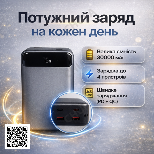 Зовнішній акумулятор King Power KPG-316 30000 mAh 22.5W з дисплеєм чорний