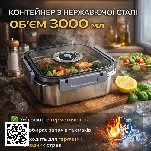 Контейнер пищевой из нержавеющей стали с герметичной крышкой 3000 мл 20687-15 A, серый