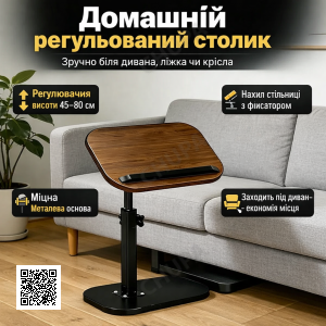 Журнальний столик Grant з регулюванням висоти 45-80 см і поворотною стільницею 360° з нахилом, МДФ + метал, колір темне дерево