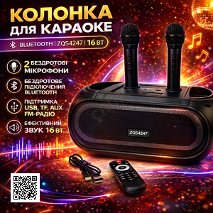 Портативна Bluetooth колонка ZQS4247 16Вт з 2 мікрофонами караоке USB TF FM AUX