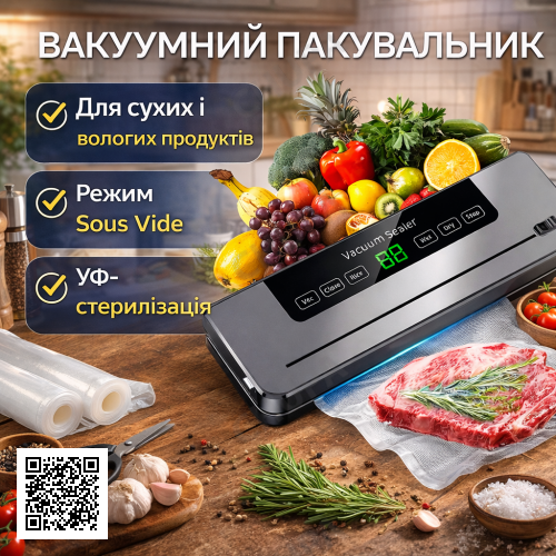 Вакуумный упаковщик сухих/влажных продуктов с УФ-стерилизацией в режиме Sous Vide + Упаковочные мешки