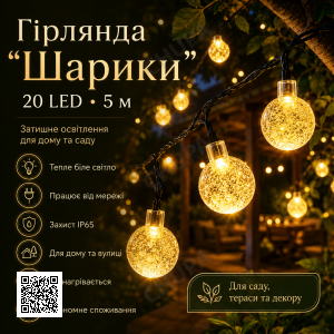 Уличная гирлянда от сети 20 Led, 5м, Белый / LED гирлянда шарики на дерево / Гирлянда светодиодная