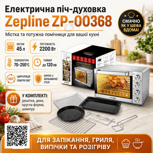 Электрическая печь-духовка Zepline ZP-00368 (45 л, 2200 Вт), нержавеющая сталь