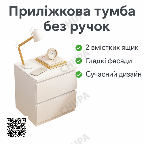 Приліжкова тумба без ручок із двома шухлядами, біла, STL-MD 78 30×32×41 см