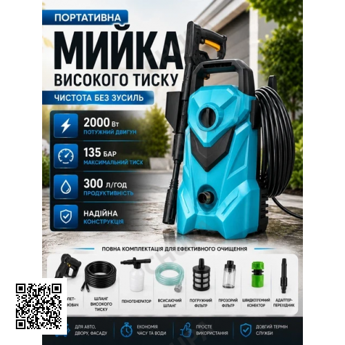 Міні мийка високого тиску 2000 Вт з тримачем шланга портативна автомийка для автомобіля та дому з тиском до 135 бар